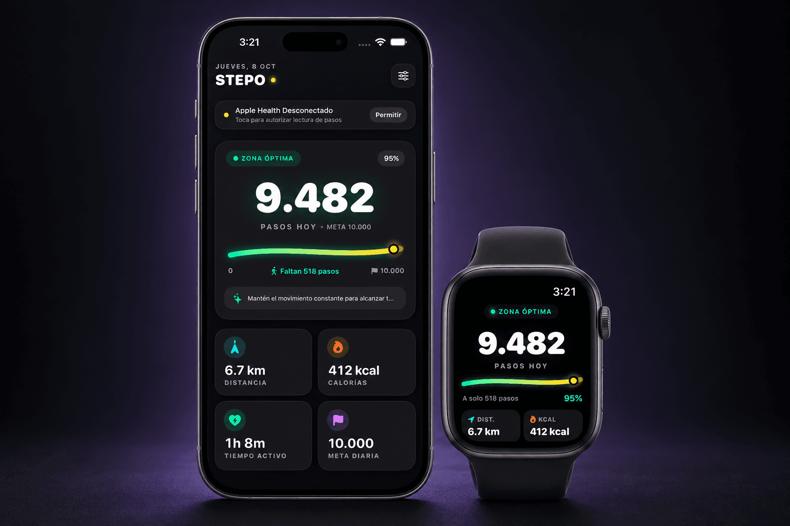 Stepo en iPhone y Apple Watch, mostrando su seguimiento de actividad.